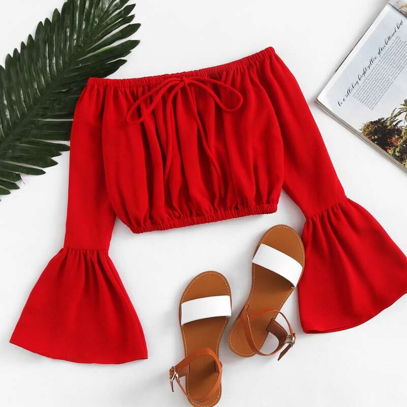

Tied Bardot Flounce Sleeve Crop Top, Red bright