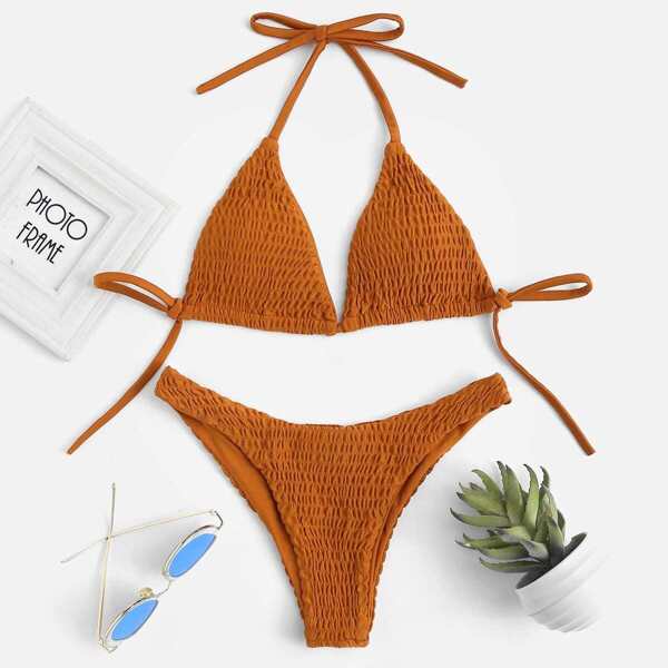 

Tie Back Shirred Triangle Bikini Set