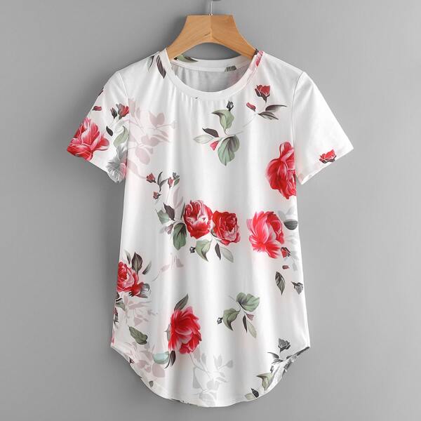 

Rose Print Dolphin Hem Tee