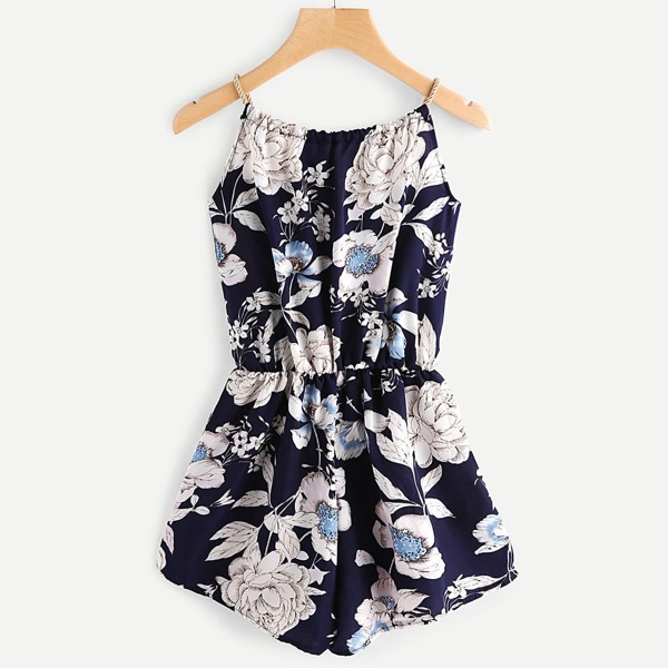 

Floral Print Random Self Tie Neck Cami Romper, Multicolor