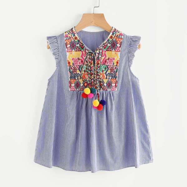 

Pom Pom Tie Neck Tribal Embroidered Smock Blouse, Blue