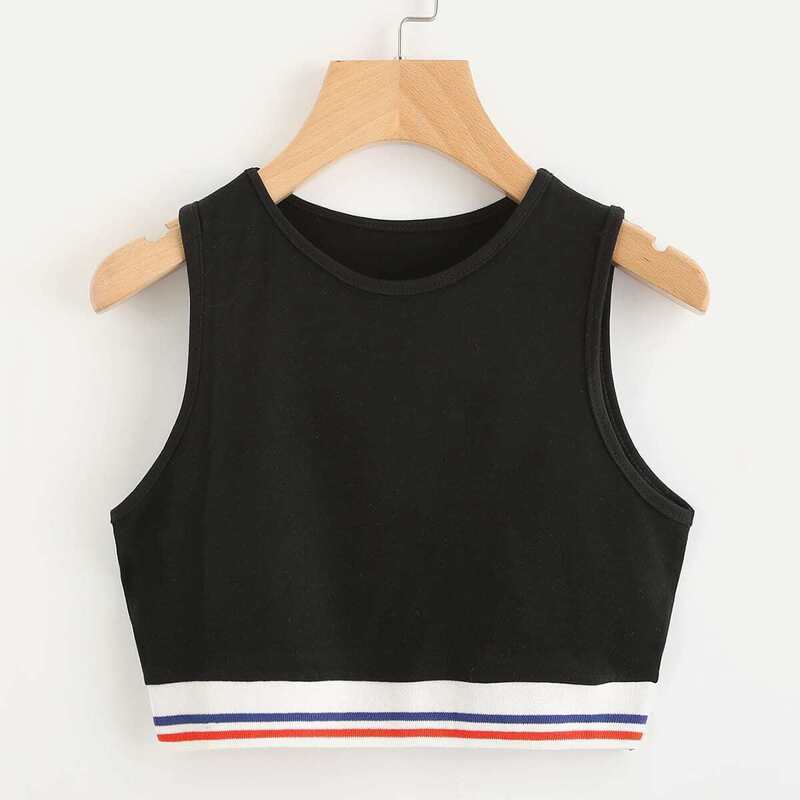 

Contrast Striped Hem Crop Tank Top, Black
