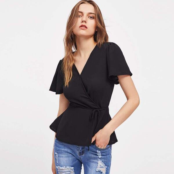

Surplice Neckline Puff Sleeve Tie Waist Top, Black