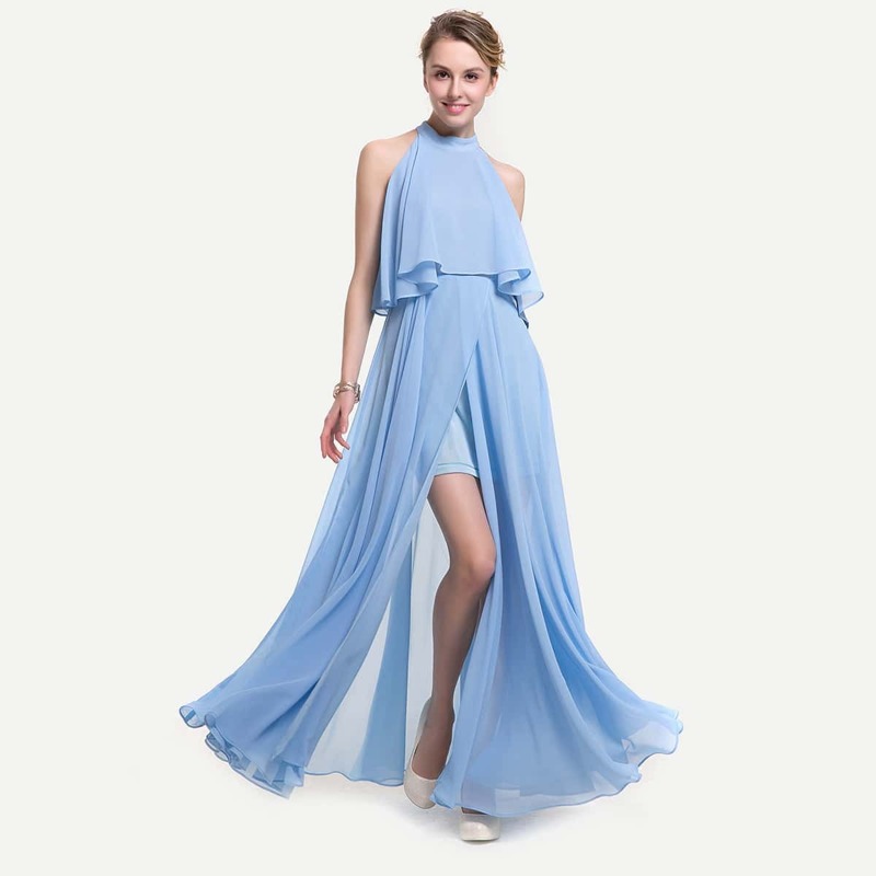 

Split Front Chiffon Layered Halter Dress, Blue