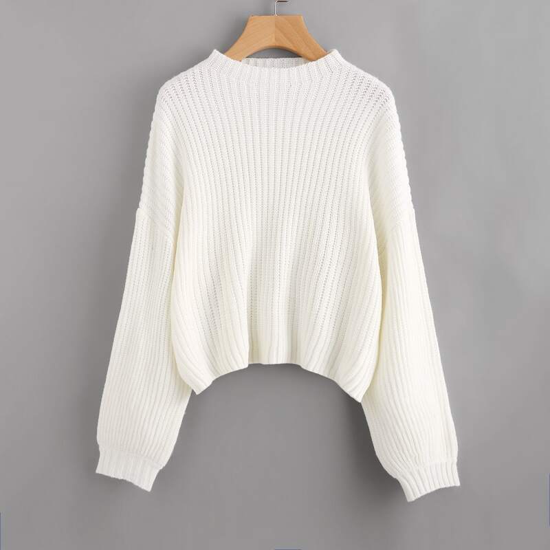 

Drop Shoulder Lantern Sleeve Sweater, White
