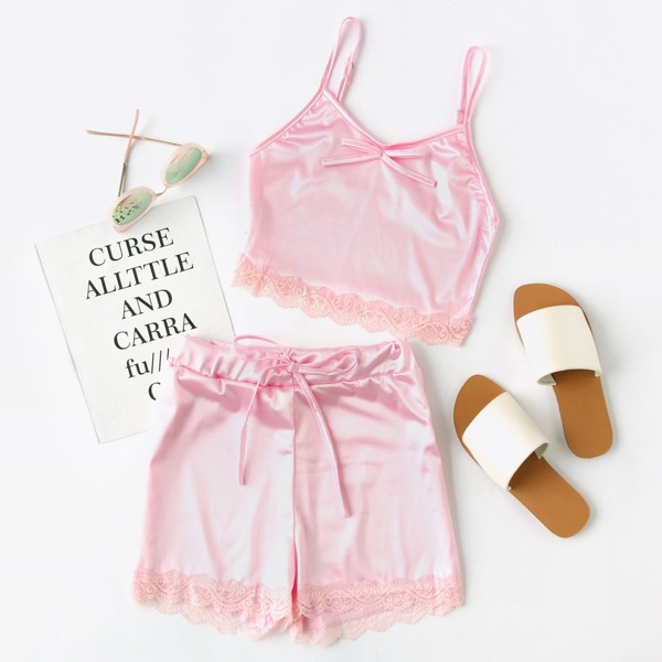 

Satin Scallop Lace Trim Cami Pajama Set