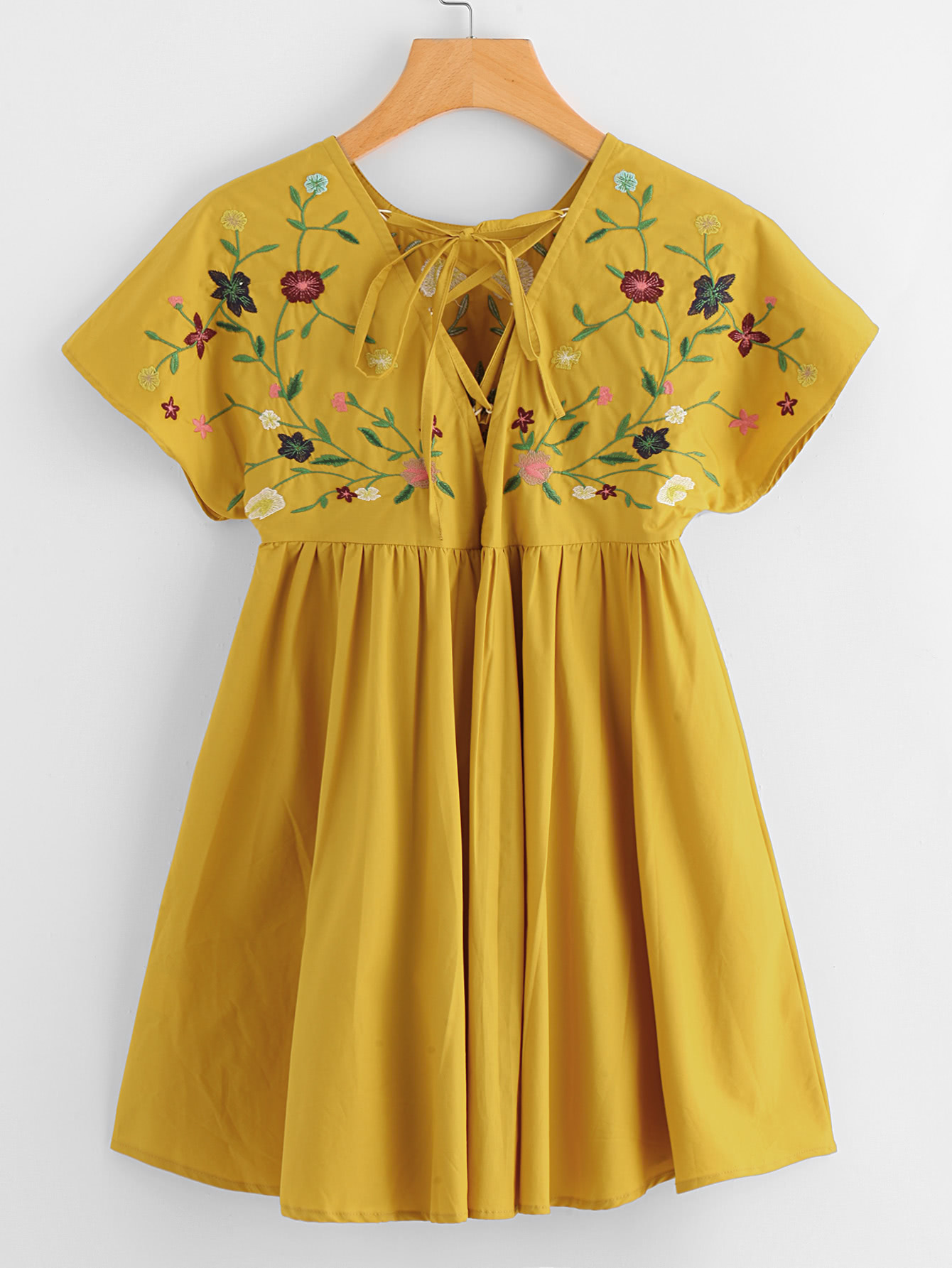 lace up back embroidered smock dress