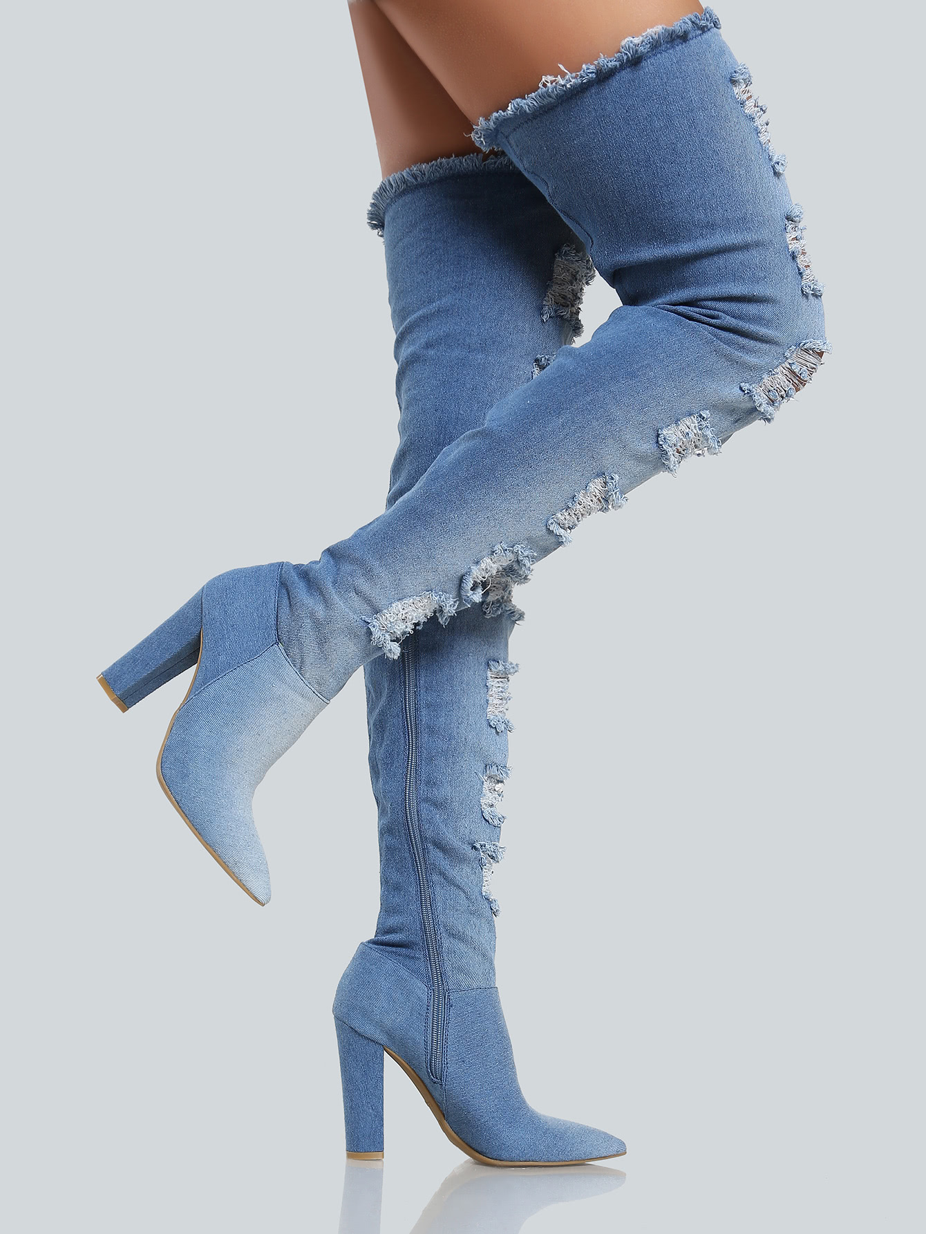 Denim Distressed Thigh High Boots BLUE DENIM SHEIN