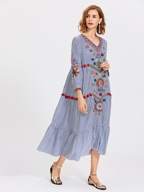 Vertical Striped Flower Embroidered Frill Hem Dress Shein Sheinside