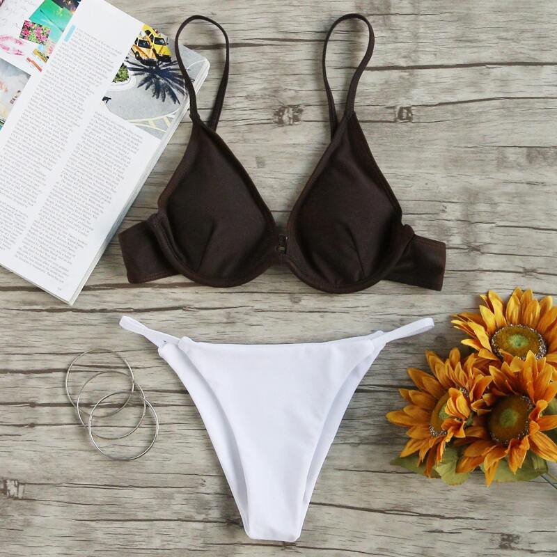 

Two Tone Underwire Bikini Set, White brown