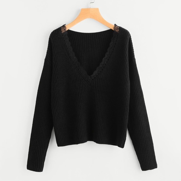

Lace Trim Plunging Sweater