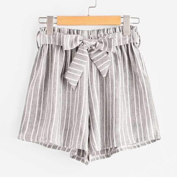 Vertical Stripe Elastic Waist Self Tie Front Shorts