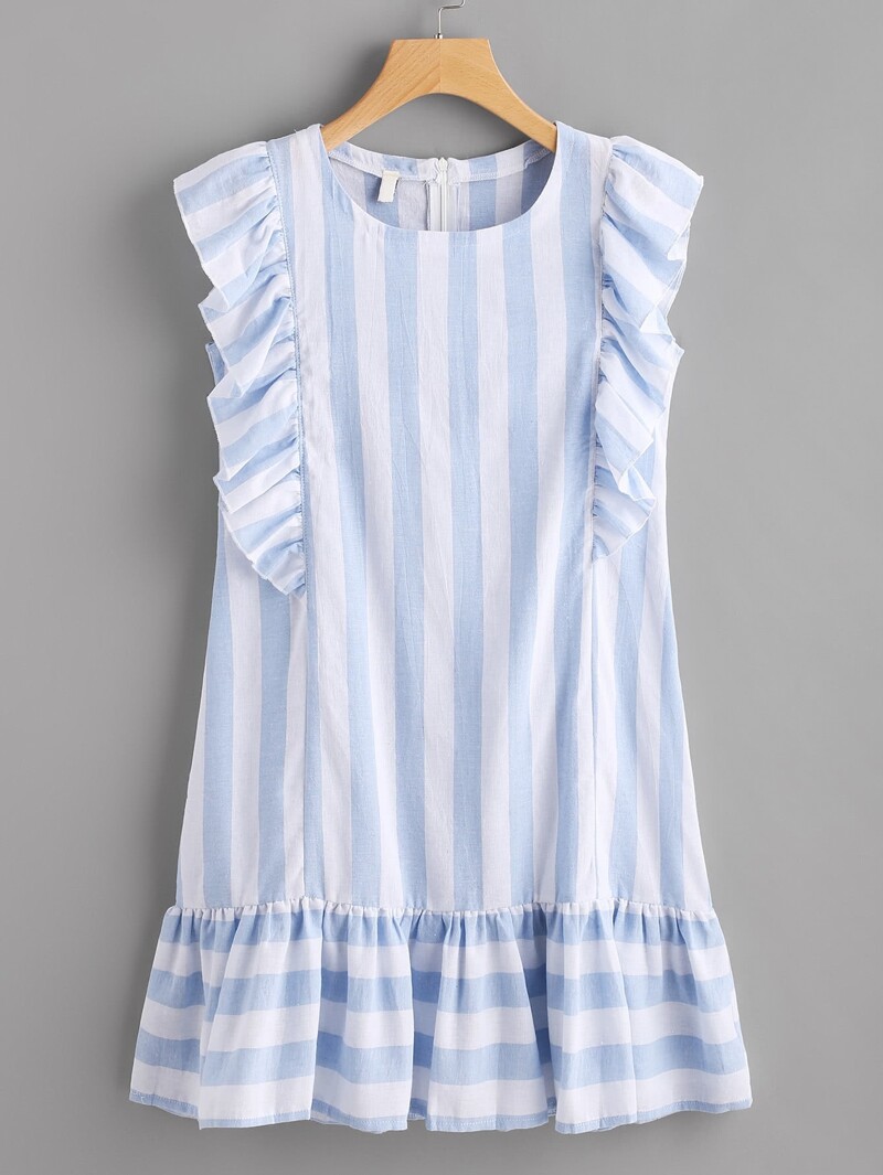 

Contrast Striped Frill Trim Dress, Blue
