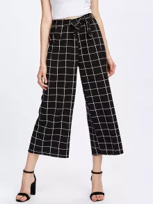 Grid Print Self Tie Wide Leg Trousers - Black and White - View 1