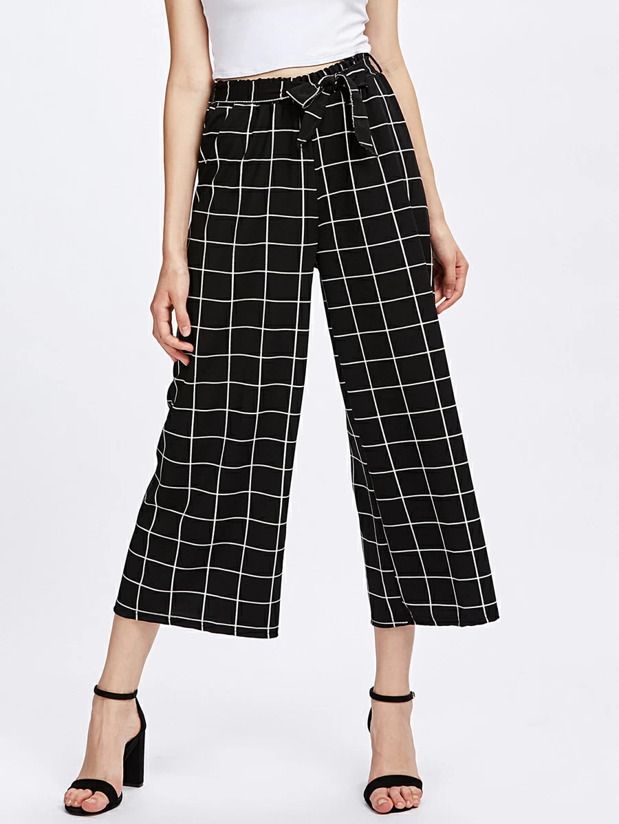 Grid Print Self Tie Wide Leg Trousers - Black and White - View 1