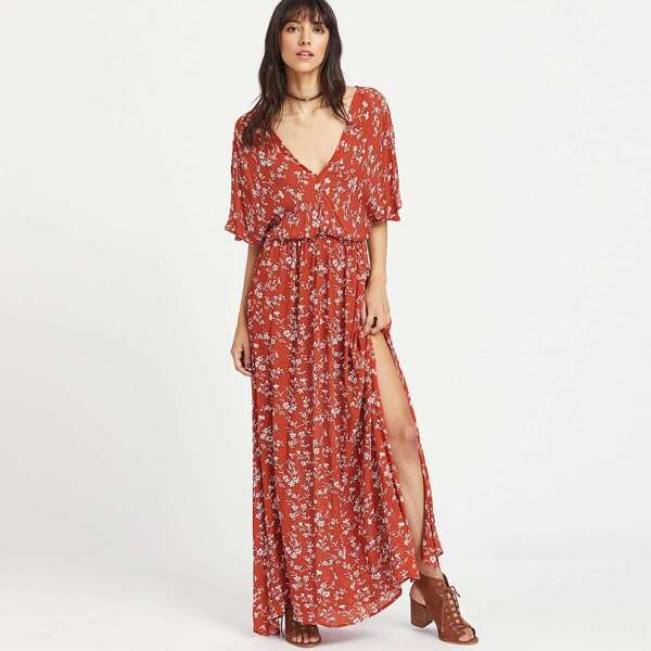 

Ditsy Floral Side Slit Surplice Kimono Dress, Multicolor