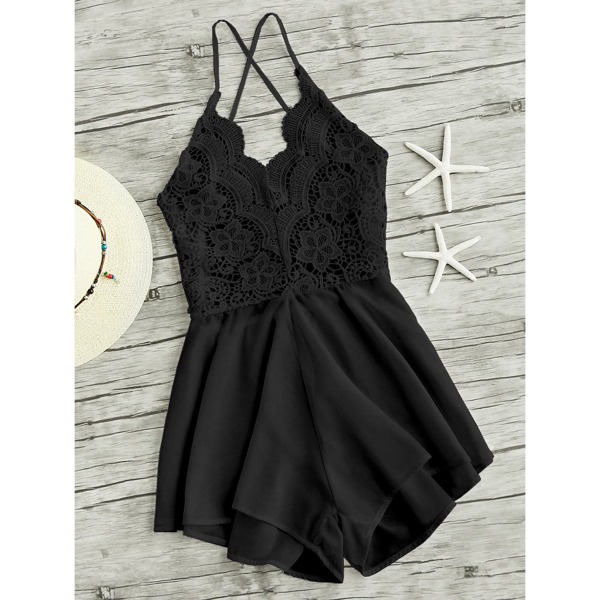 

Lace Panel Criss Cross Backless Romper