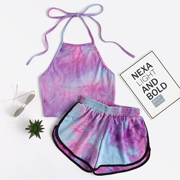 

Halter Neck Water Color Crop Top With Ringer Shorts