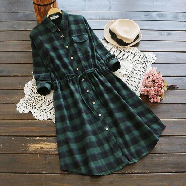 

Button Through Drawstring Waist Plaid Shirt Dress