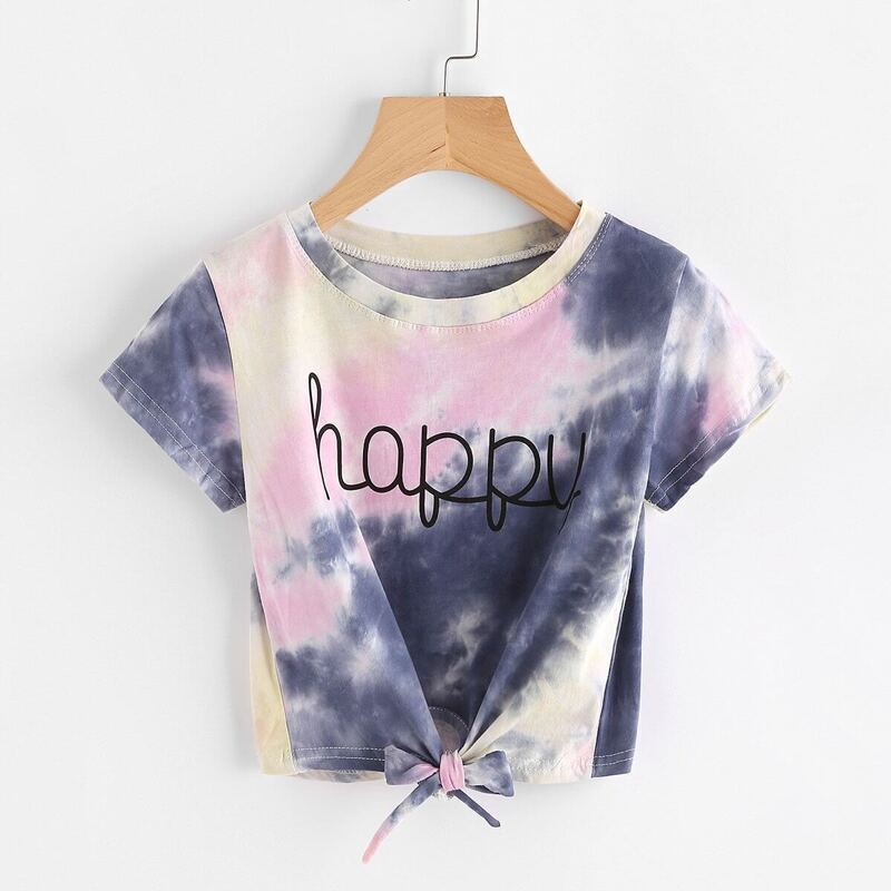 

Water Color Letter Print Knot Front Tee, Multicolor