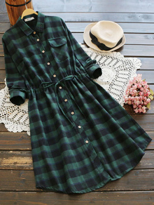 Checked Drawstring Waist Shirt Dress