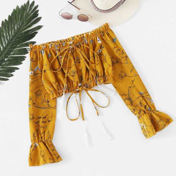 

Off Shoulder Drawstring Split Front Crop Top
