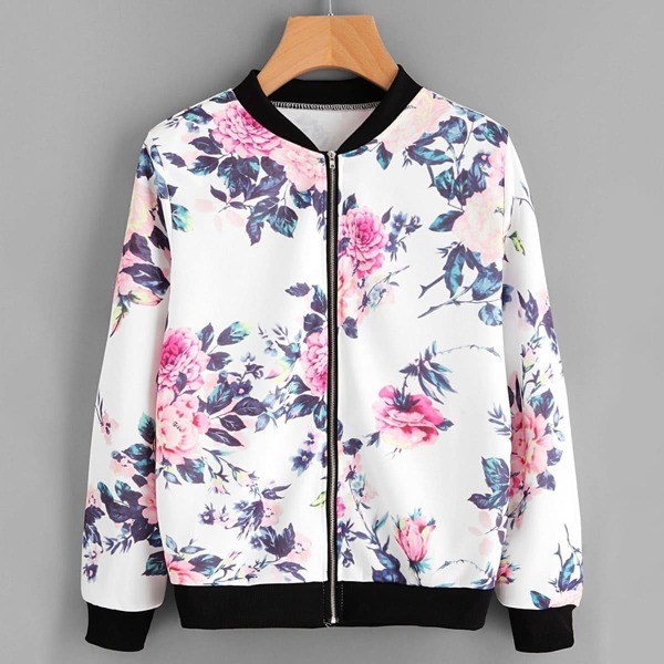 

Floral Print Contrast Trim Zip Up Jacket, Multicolor