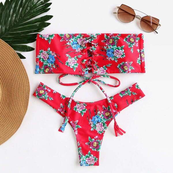 

Calico Print Criss Cross Bandeau Bikini Set