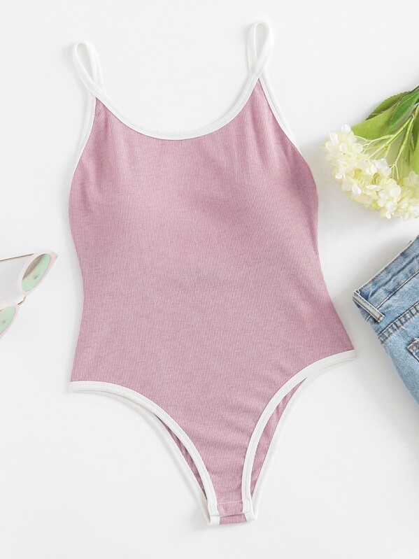 

Contrast Binding Rib Knit Cami Bodysuit, Pink