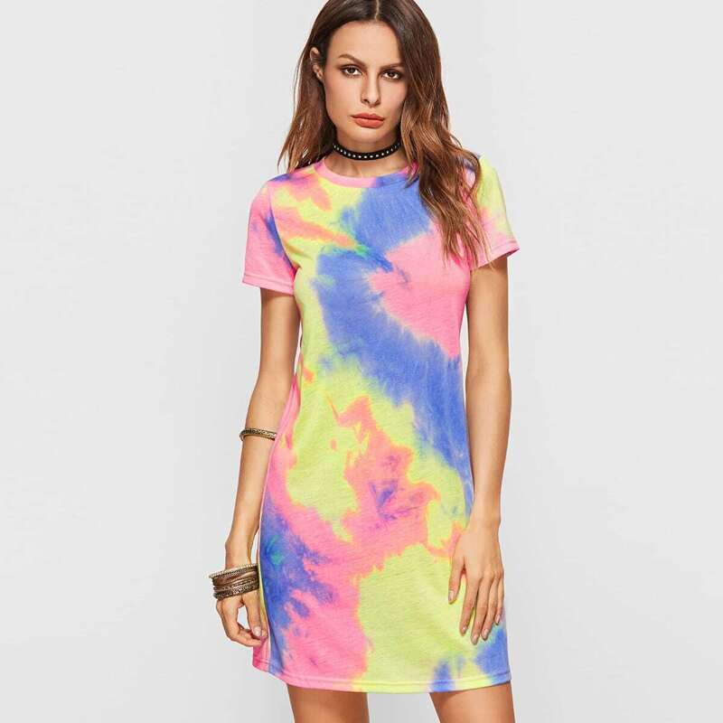 

Multicolor Pastel Tie Dye Print Tee Dress