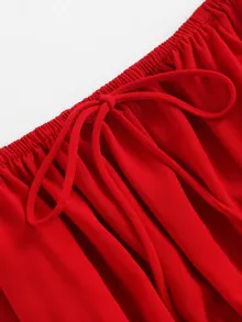 Tied Bardot Flounce Sleeve Crop Top - Red - View 4