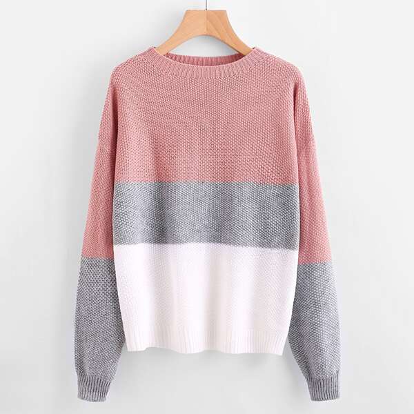 

Drop Shoulder Color Block Textured Sweater, Multicolor