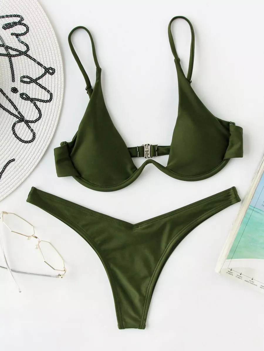 SHEIN Swim Underwired Tanga Bikini Set Summer Beach - Army Green - View 1