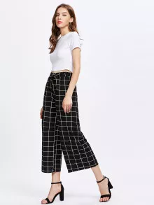 Grid Print Self Tie Wide Leg Trousers - Black and White - View 3