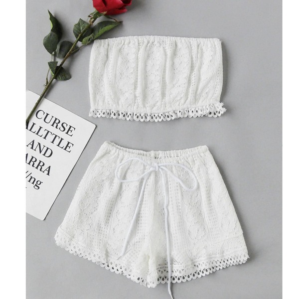 

Lace Crop Bandeau Top And Shorts Set