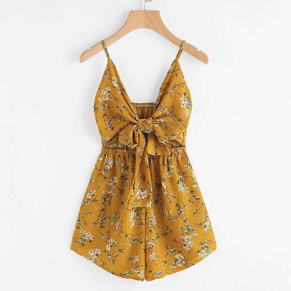 

Floral Print Cut Out Knot Front Cami Romper, Multicolor
