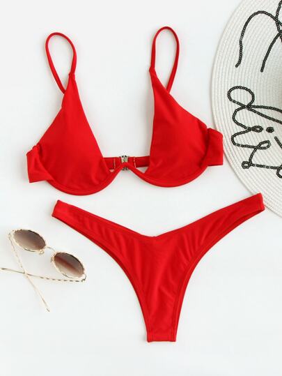 Swim Basics Summer Beach Mono Bikini Set Underwired Bra & High Cut Bottom 2 Piece Bathing Suit