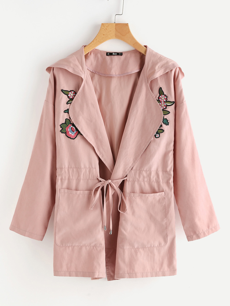 

Embroidered Flower Applique Drawstring Waist Hooded Coat, Pink