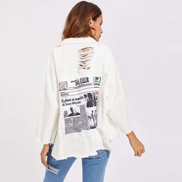 

Drop Shoulder Newspaper Pattern Back Distressed Jacket, White