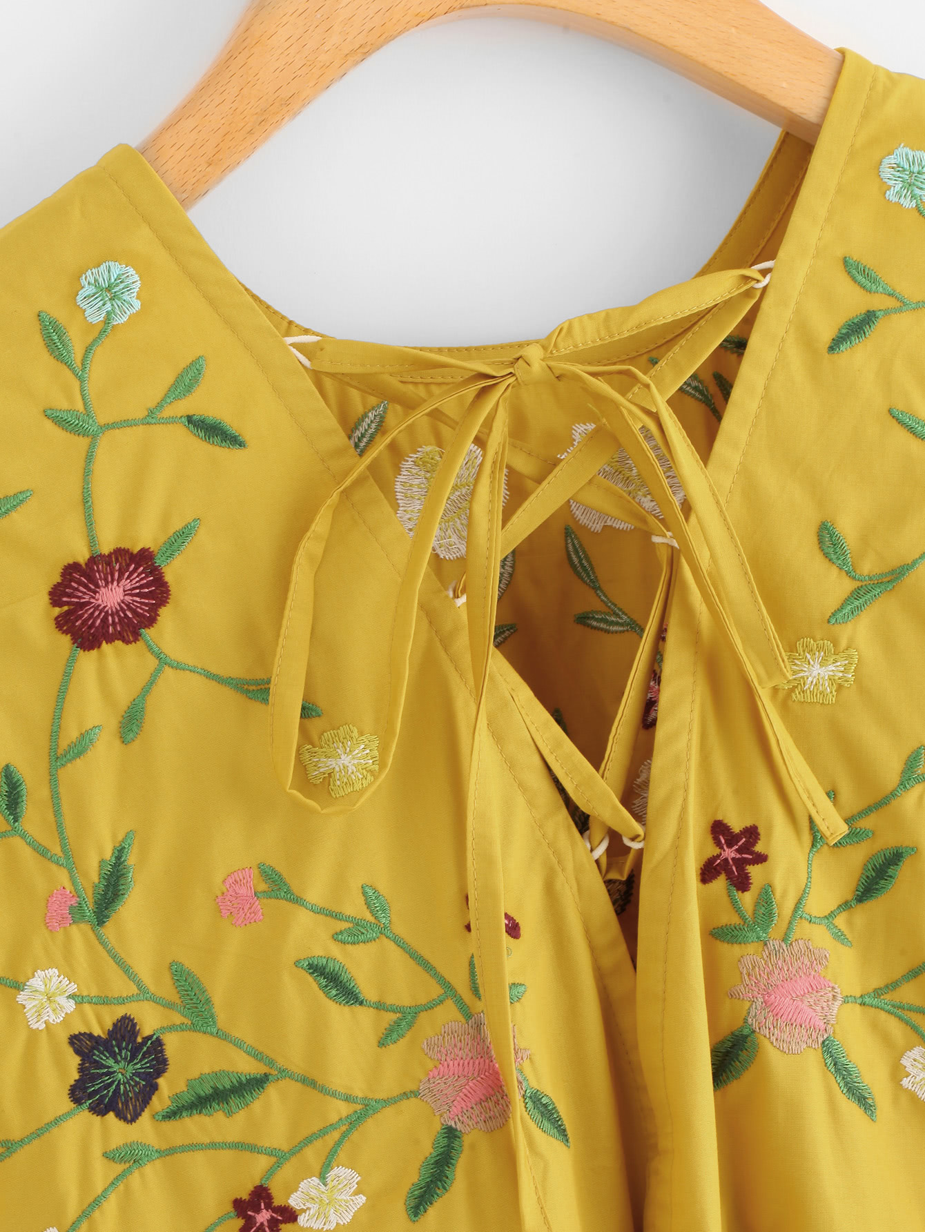 lace up back embroidered smock dress
