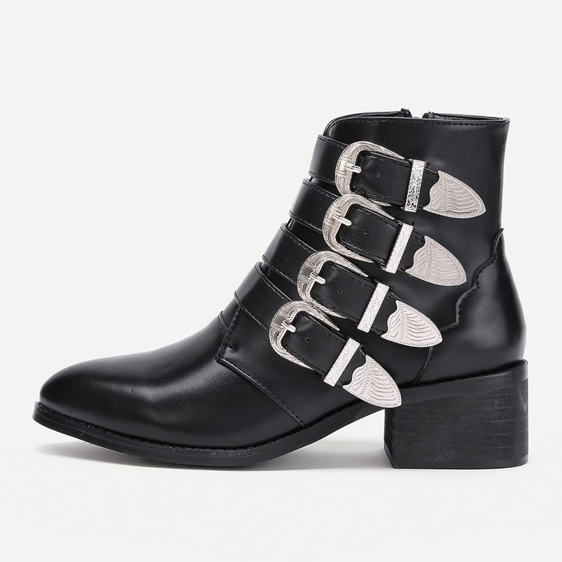 

Buckle Decorated Side Zipper Ankle Boots, Black