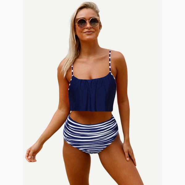 

Criss Cross Top With Striped High Waist Bikini, Navy