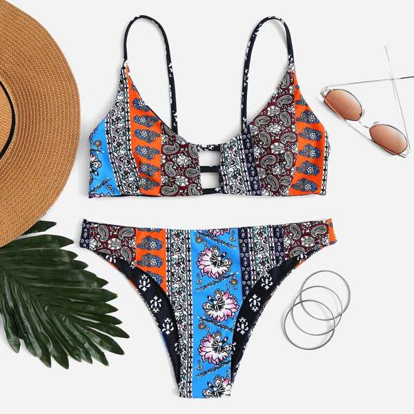 

Retro Floral Print Caged Back Bikini Set, Multicolor