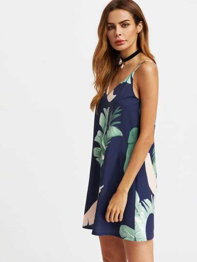 palm leaf print double v neck cami dress