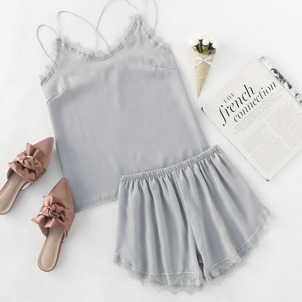 

Eyelash Lace Trim Cami Pajama Set