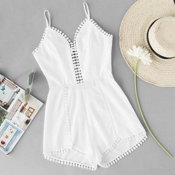 

Crochet Trim Asymmetric Hem Cami Romper, White