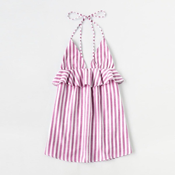 

Вертикальное полосатое обертовое платье для шеи Halter Neck, Розовые