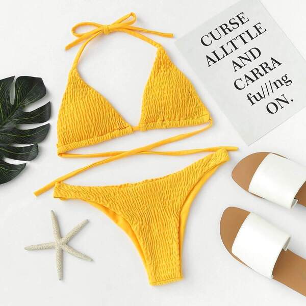 

Tie Back Ruched Bikini Set, Yellow bright