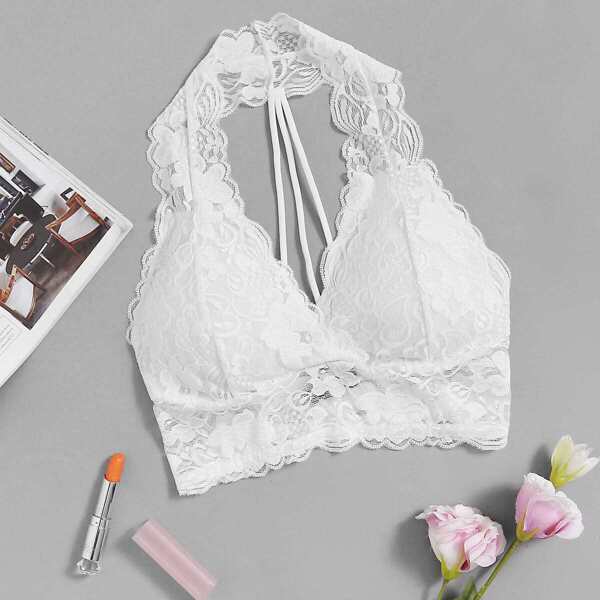 

Strappy Racerback Lace Halter Bralette, White
