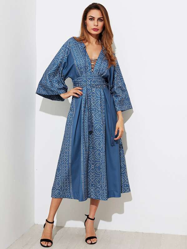 

Crisscross Plunge Corset Waist Dot Kimono Dress, Blue, Andy